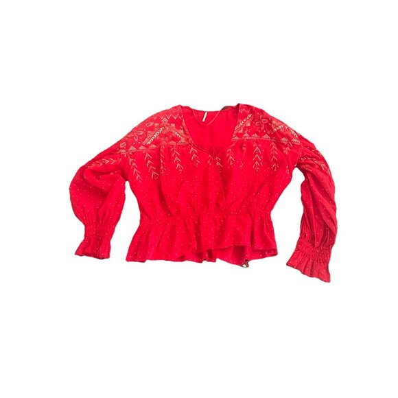 Free People Womens Shirt Counting Stars Peasant Top Sz Medium Red Gold Cotton - Picture 3 of 6